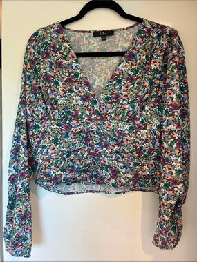 Lulu's Purple & Green Floral Ruched V-Neck Blouse
